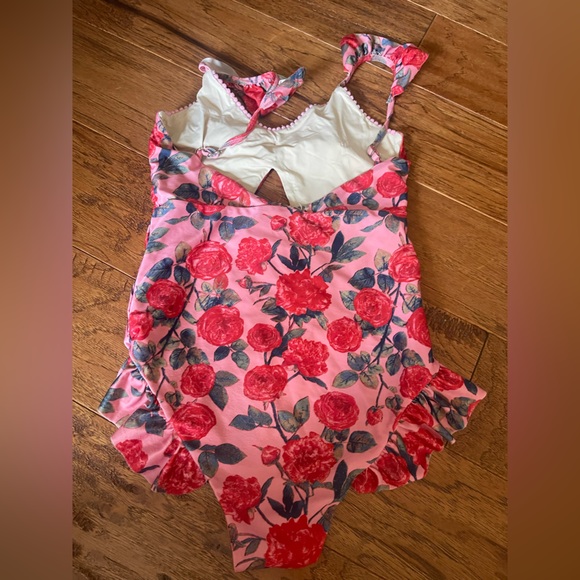Mia Joy Girls Size 10 Swim Suit Pink with Red and Green Floral Pattern - Picture 2 of 2